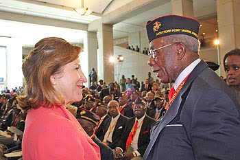 U. S. Senator (NC) Kay Hagan recognizes James Sharpe, one of many Montford Point Marines who served in the U.S. Marine Corps in the 1940s.