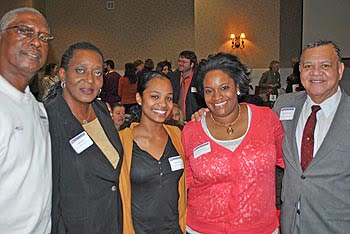 100 Men and Women Minority Scholarship Committee members (L-R) Willie Crouch, Johnnie Grant, and Samuel Abdul-Allah (R), flank scholarship recipients Marlee Arteta (2013) and Tiffany McDowell (2012). Photo: Urban News