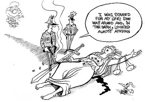 The Prejudicial System. She was armed with a sword, and that’s a deadly weapon. OtherWords by Khalil Bendib