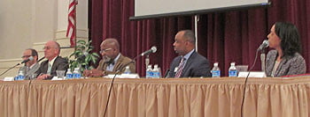 Forum panelists (L-R) Mark Dorosin, David Nash,  Dr. Dwight Mullen, Rodrick Banks, and  Dr. Gwendolyn Whitfield.  Photo: Urban News 