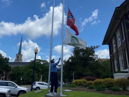 Flag on state grounds is lowered in Laurel, Mississippi