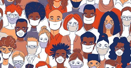 Diverse crowd group of people wearing medical masks