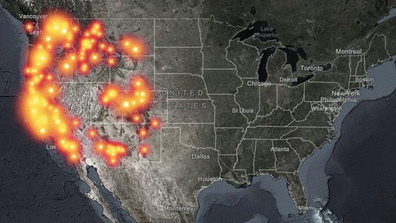 Map of the US showing wildfires, September 2020