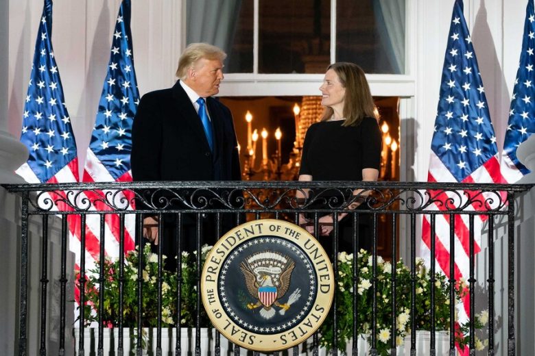 Trump and Amy Coney Barrett on the Blue Room balcony at the White House after the swearing-in ceremony. 