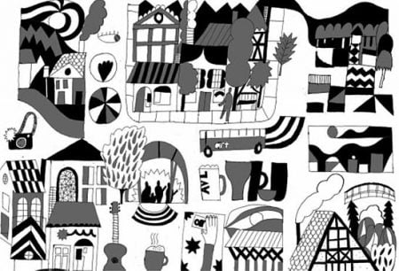 Wyatt Grant’s draft sketch for the mural, which will be produced in color.