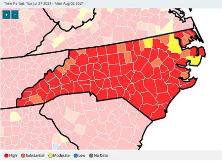 map showing Level of Community Transmission in Buncombe County, North Carolina