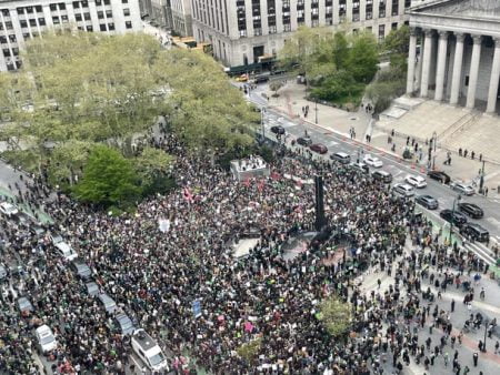Protestors rally in Foley Square in New York.