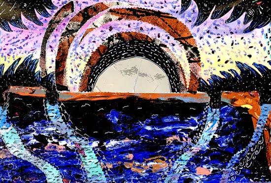 Wolf Moon (Silver Moon), watercolor, acrylic, ink, mixed media collage by Bevelyn Afor Ukah.