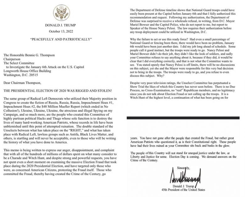 Trump's response to the subpoena. 