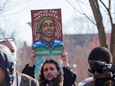 A protestor remembers environmental activist Manuel Esteban Paez Teran who was killed defending the Weelaunee Forest.