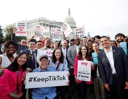 Progressive U.S. lawmakers, TikTok content creators, entrepreneurs, and activists at a #KeepTikTok rally outside the US Capitol on March 22, 2023.