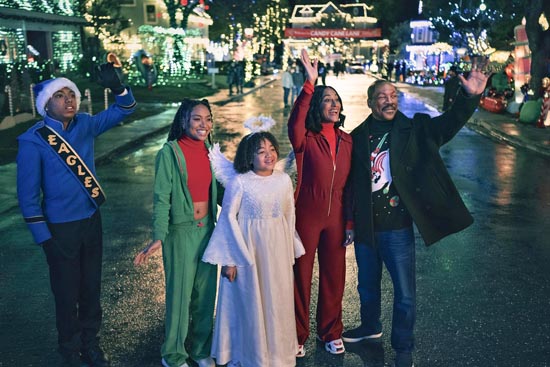 Eddie Murphy, Tracee Ellis Ross, Madison Thomas, Thaddeus J. Mixson, and Genneya Walton star in Candy Cane Lane. 