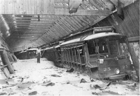 Flood-damaged streetcar barn at Riverside Park, 1916. Photo by William A. Barnhill.