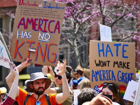 Protestors at the Hands Off! rally in Asheville, April 5, 2025. Photo: Renato Rotolo/The Urban News