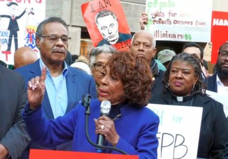 Congresswoman Maxine Waters speaks at a CFPB rally.