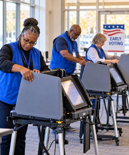 Poll Workers Setting Up Early Voting Machines 480